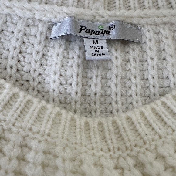 Papaya | Off-White Cut-Out Shoulder Sweater Rose Embroidery Knit Tunic Sweater - Picture 7 of 7